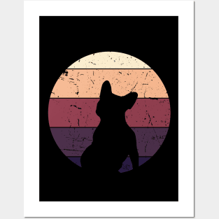 Silhouette of cute french bulldog sitting with dark colored sunset, vintage style, frenchie mon, frenchie dad, frenchie on vintage sunset Posters and Art